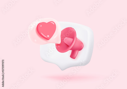 3d megaphone speaker for announce romantic valentine composition. Valentine's Day festive decorative objects, heart and love emoji icon feeling. 3d speakerphone romance icon vector render illustration