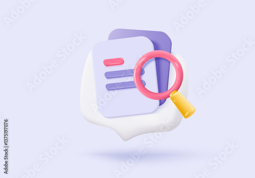 3d media file management icon. Searching image and video in organization database. paperwork sharing soft, document flow app, compound docs find concepts. 3d magnifying icon vector render illustration