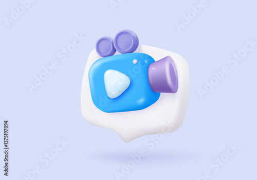 3d video camera simplicity icon signs with lens and button for theater. Realistic film movie icon, play button for streaming multimedia concepts. 3d movie cinema record icon vector render illustration