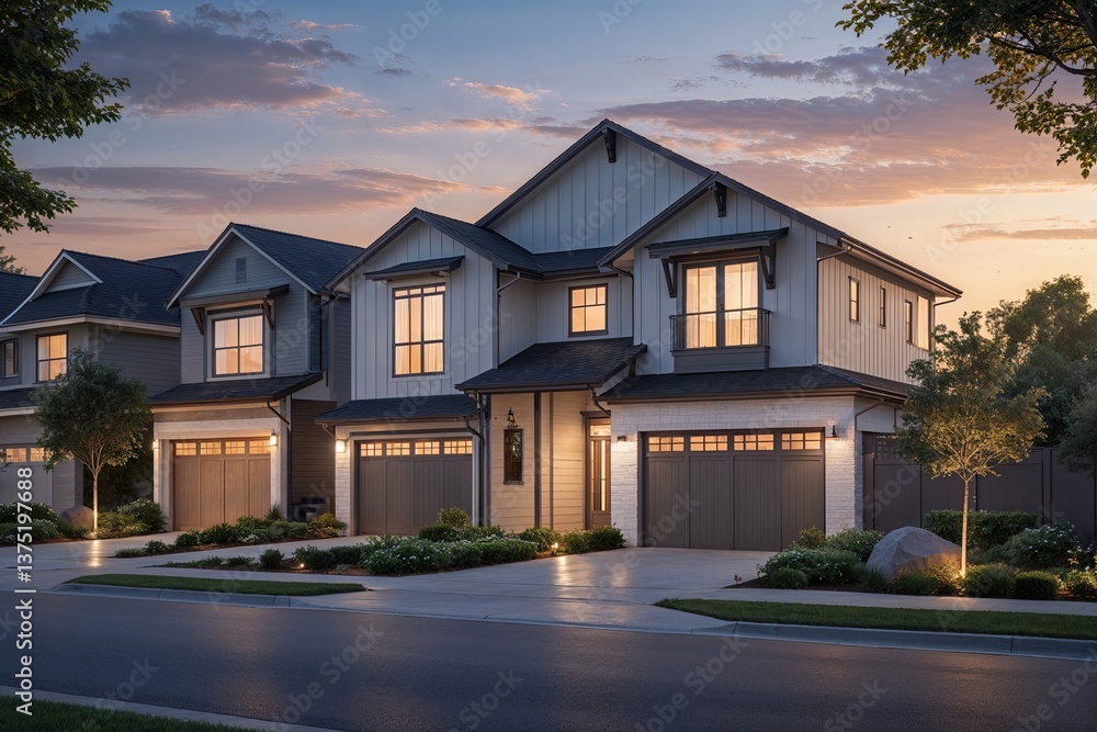 Inviting Suburban Community Bathed in Evening Light Featuring Modern Homes and Peaceful Landscapes Inviting Suburban Community Bathed in Evening Light Featuring Modern Homes and Peaceful Landscapes