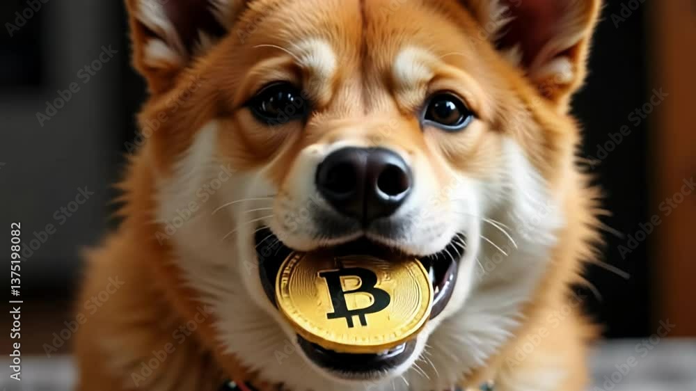 A Shiba dog holds a golden Dogecoin in its mouth.