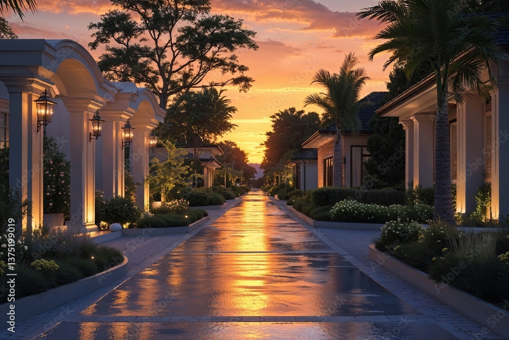 Obraz premium Tranquil Sunset Serenity on Aglow Lane with Elegant Suburban Designs