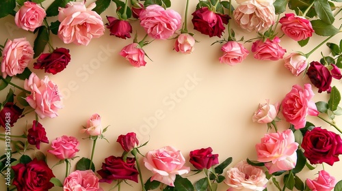 A delicate arrangement of pink and red roses forms a charming frame