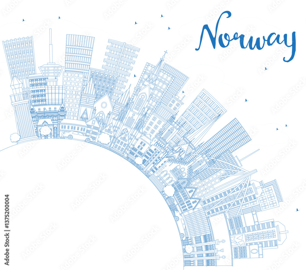 Fototapeta premium Outline Norway city skyline with blue buildings and copy space. Concept with historic and modern architecture. Norway cityscape with landmarks. Oslo. Stavanger. Trondheim. Bergen.