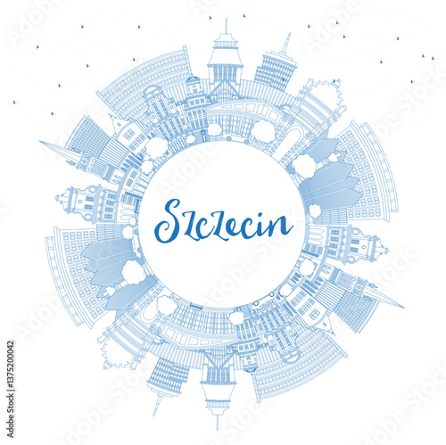 Outline Szczecin Poland city skyline with blue buildings and copy space. Szczecin cityscape with landmarks. Travel and tourism concept with modern and historic architecture.