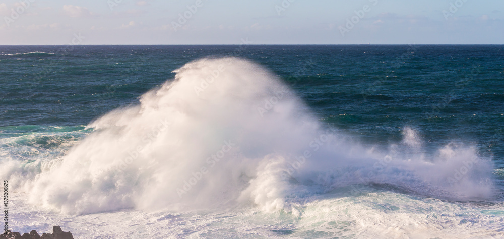Powerful storm waves in Porto Moniz, on the Madeira Atlantic coastline, Portugal