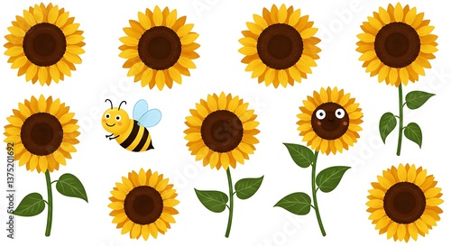 Cheerful Sunflowers And Busy Bee Cartoon Illustration AI Generated