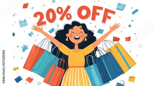 Excited Shopper Holding Bags During 20% Off Sale Opportunity