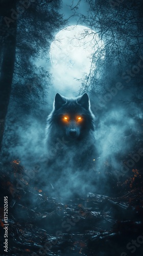 Mystical Wolf with Glowing Eyes Howling Under a Full Moon in an Enchanted Forest	