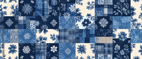 Plakat Blue vintage patchwork motifs vector pattern abstract design illustration background