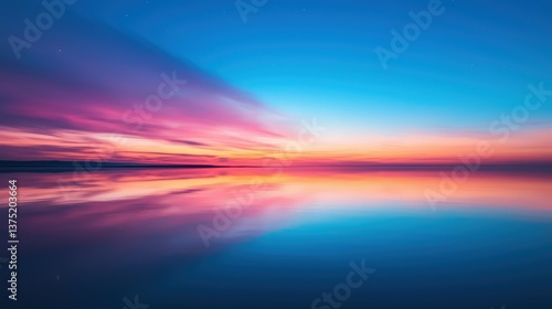 A stunning sunset reflects vibrant colors on calm water, blending shades of pink, blue, and orange in a serene atmosphere.