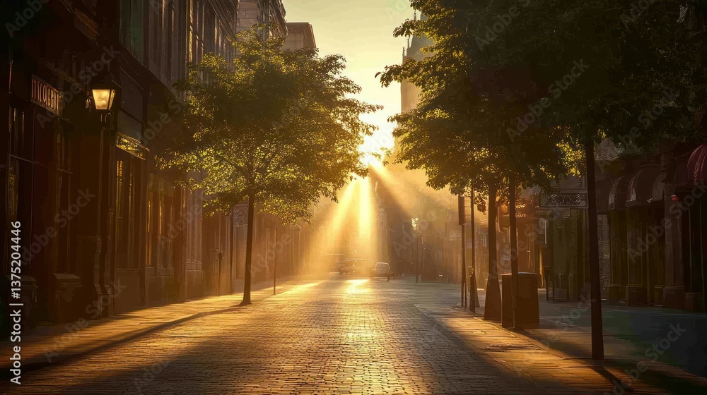 Obraz premium Golden Sunrise City Street Scene