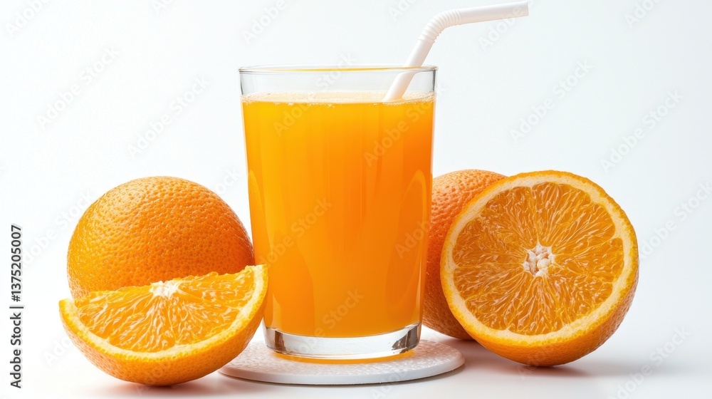 Freshly Squeezed Orange Juice with Whole and Sliced Oranges on White Background Freshly Squeezed Orange Juice with Whole and Sliced Oranges on White Background