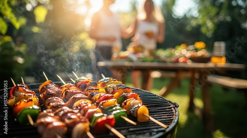 Friends Enjoying a Summertime Barbecue with Grilled Skewers Outdoors