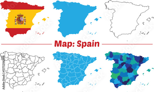 Maps of Spain Flag, Outline, and Regional Divisions, Spain country map set. internal provinces borders marked, Simple map of Spain vector drawing.