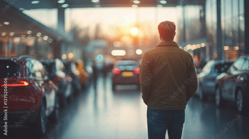Man Contemplating New Car Purchase in Modern Automobile Showroom Man Contemplating New Car Purchase in Modern Automobile Showroom