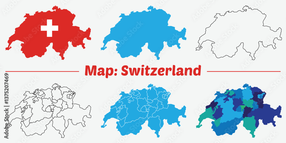 Fototapeta premium Switzerland map vector. High detailed vector outline, blue silhouette and administrative divisions map of Switzerland. All isolated on white background.