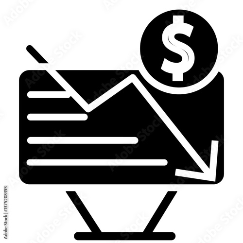 Stock market trading icon illustrating a downward trend, representing financial loss, business decline, investment decrease, and economic downturn with transparent background.