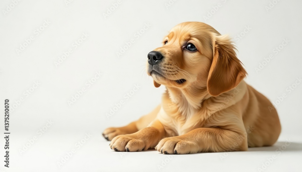 Golden Retriever puppy lies down on white, looking up, headshot, golden retriever Golden Retriever puppy lies down on white, looking up, headshot, golden retriever