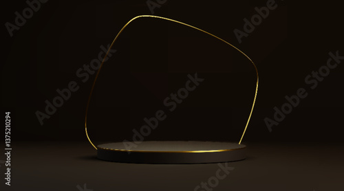 Gold line minimalist podium with elegant curved frame on dark background. Black platform base with luminous metallic trim. Premium display stand for luxury product placement or cosmetic presentation.