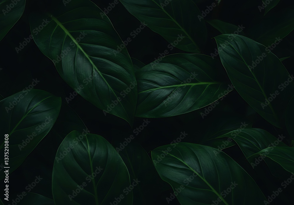 Lush emerald leaves in a shadowy rainforest, a serene escape into nature's tranquil embrace with deep green tones and dramatic lighting. Lush emerald leaves in a shadowy rainforest, a serene escape into nature's tranquil embrace with deep green tones and dramatic lighting.