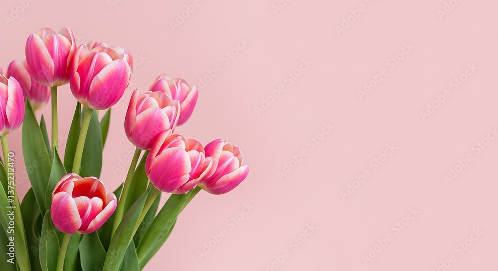 Delicate pink tulips blooming against a soft pink backdrop, a symbol of springtime's gentle arrival and fresh beginnings. Delicate pink tulips blooming against a soft pink backdrop, a symbol of springtime's gentle arrival and fresh beginnings.