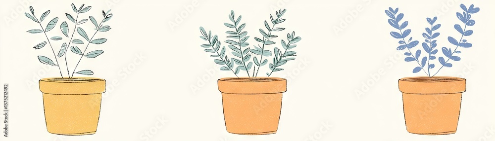 Three potted plants, home decor, white background, plant illustration Three potted plants, home decor, white background, plant illustration