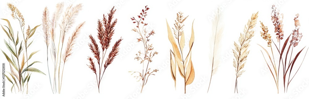 Watercolor Botanical Illustration of Various Grasses Watercolor Botanical Illustration of Various Grasses