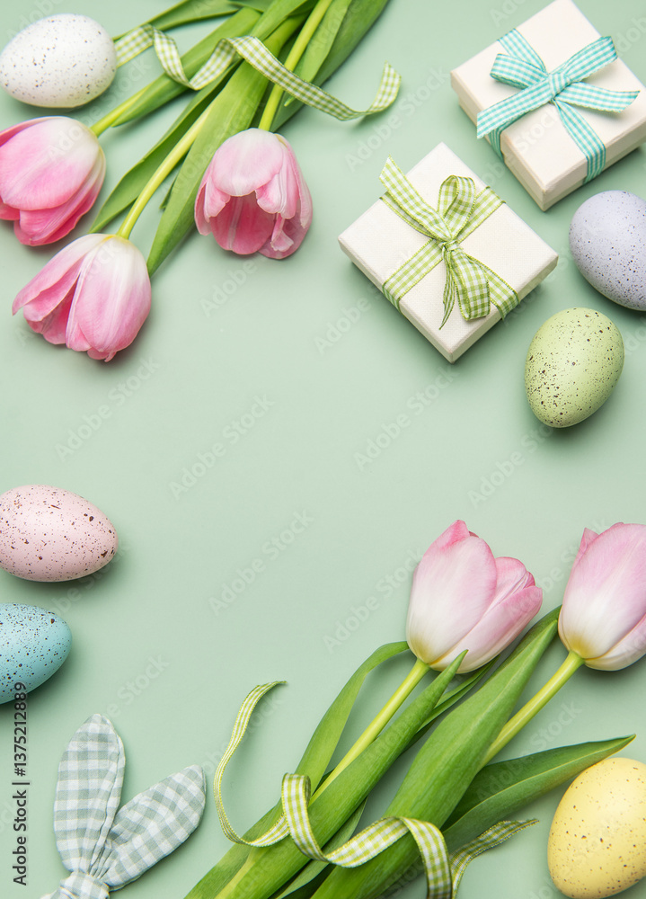 Easter eggs, tulips and gift boxes forming a frame on light green background Easter eggs, tulips and gift boxes forming a frame on light green background