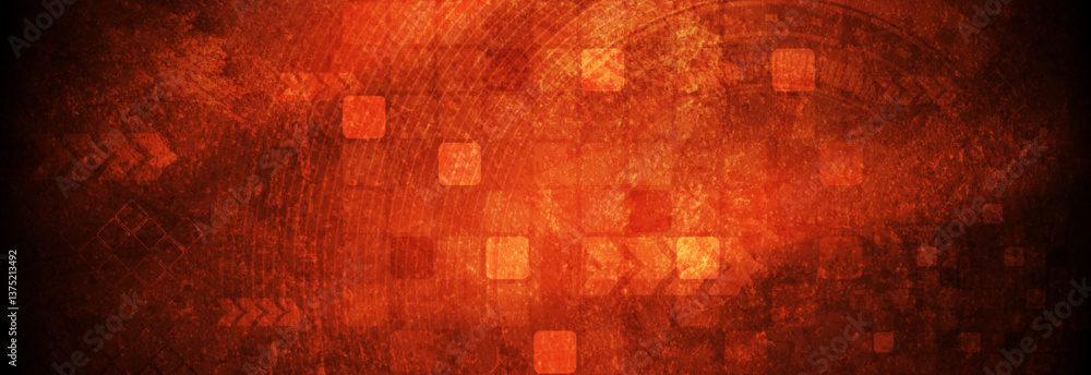 Orange grunge technology background with squares and arrows design. Geometric abstract vector banner Orange grunge technology background with squares and arrows design. Geometric abstract vector banner