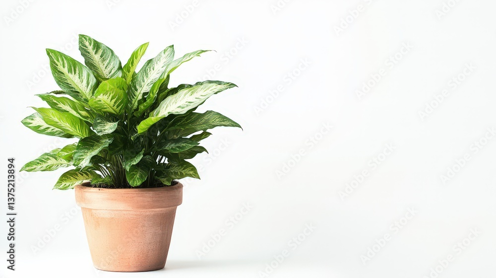 Fototapeta premium A healthy houseplant sits in its terracotta colored planter pot