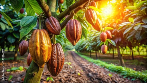 Serene Moment in Cacao Orchard at Dawn with Dew-Kissed Pods