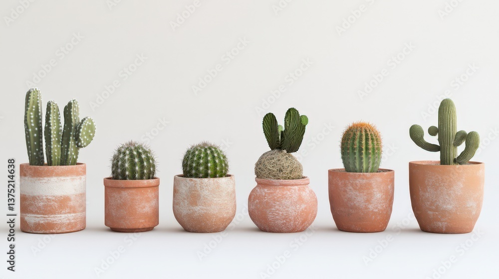 Fototapeta premium Several different cacti varieties potted neatly on a clean white surface