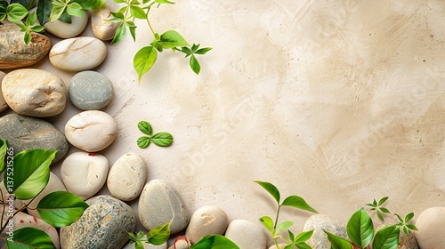 Wallpaper Mural Beige background with stones and green leaves and empty space for text or design, top view.  Torontodigital.ca