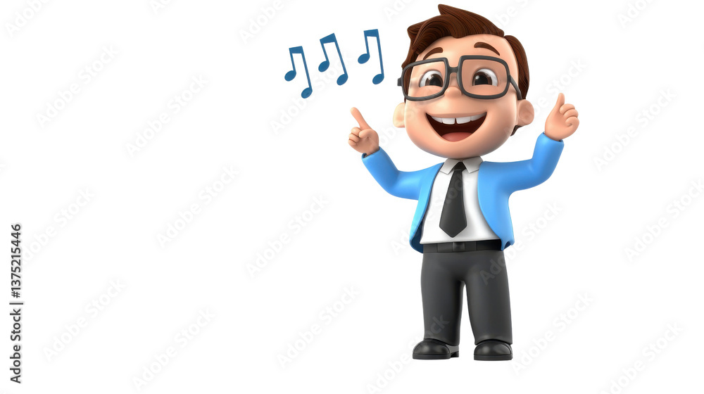 Enthusiastic and cheerful business person in a suit happily singing and gesturing with a thumbs up in an office setting Enthusiastic and cheerful business person in a suit happily singing and gesturing with a thumbs up in an office setting