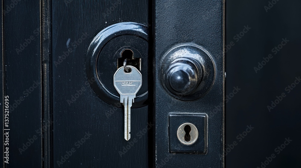 Obraz premium Close-up of a key in a black door lock