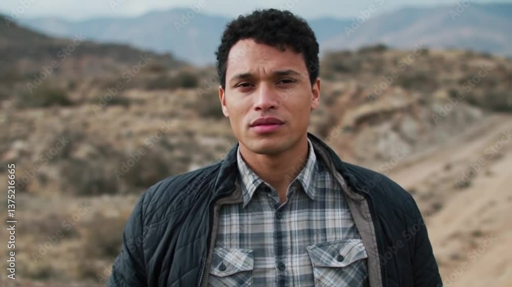 A Man in Black Jacket Explores Scenic Hillside Views A Man in Black Jacket Explores Scenic Hillside Views