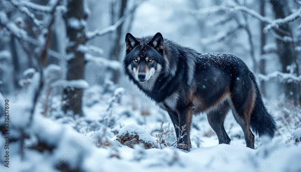 Fototapeta premium Wolf Standing Alert in Snowy Forest Landscape on a Winter Day