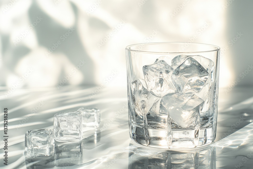 A glass of ice cubes illuminated by light from outside A glass of ice cubes illuminated by light from outside