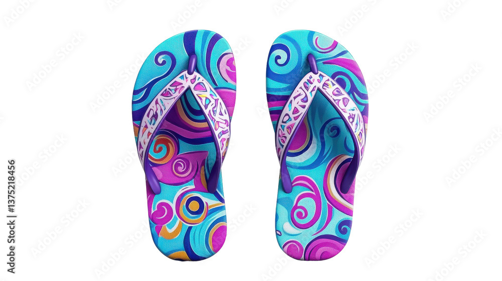 Pair of flip flop sandals featuring a bold psychedelic design with swirling vibrant patterns and abstract shapes in a variety of vivid colors Pair of flip flop sandals featuring a bold psychedelic design with swirling vibrant patterns and abstract shapes in a variety of vivid colors