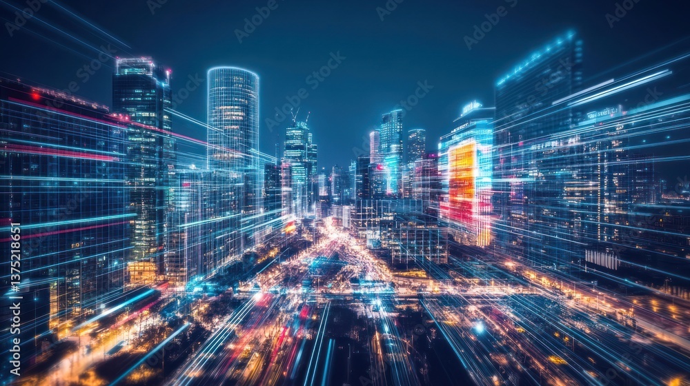 Futuristic depiction of a vibrant cityscape at night with lights Futuristic depiction of a vibrant cityscape at night with lights