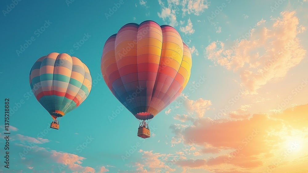 Fototapeta premium Two Hot Air Balloons Soaring at Sunset