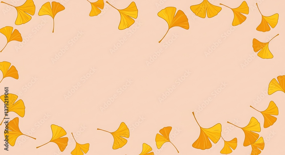 Fototapeta premium Golden Ginkgo Leaves Autumn Frame Ginkgo Biloba Illustration Soft Hues Pastel Autumn Design Ginkgo Border Elegant Ginkgo Leaf Background Design Warm Yellow Ginkgo Leaf Artwork AI Generated