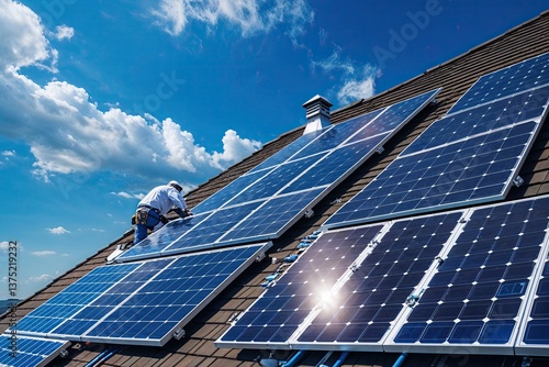 Sustainable Living with Rooftop Solar Installations Using Innovative Photovoltaic Technology and Clear Blue Skies