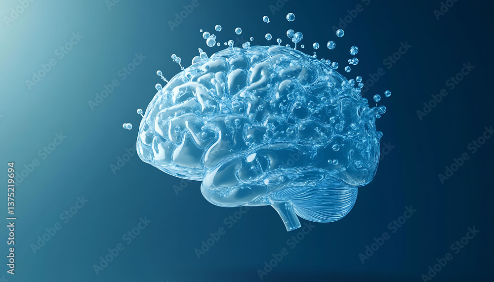 3D rendering of a transparent human brain made from water drops on a blue background, in the concept for artificial intelligence and neural networks 3D rendering of a transparent human brain made from water drops on a blue background, in the concept for artificial intelligence and neural networks