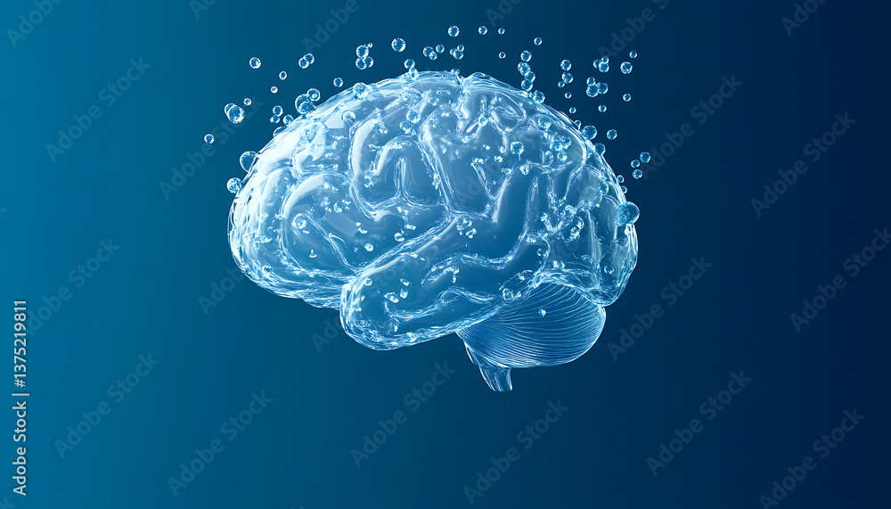 3D rendering of a transparent human brain made from water drops on a blue background, in the concept for artificial intelligence and neural networks 3D rendering of a transparent human brain made from water drops on a blue background, in the concept for artificial intelligence and neural networks