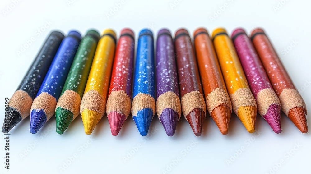 Row of well-used colorful crayons on white background. Row of well-used colorful crayons on white background.