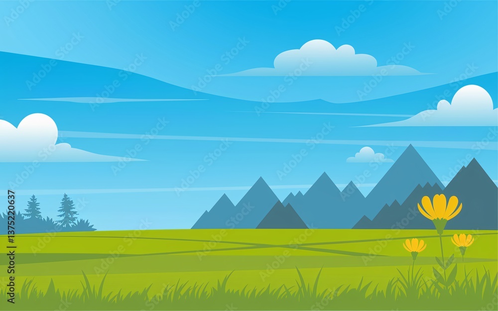 Fototapeta premium travel Doodle, Sunny meadow landscape with mountains