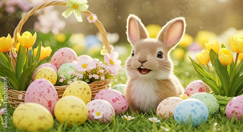 Easter Bunny Joy Pastel Eggs Spring Flowers AI Generated
