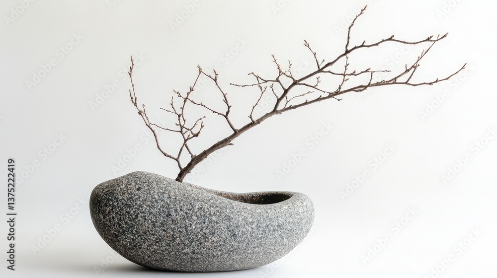 A decorative arrangement features a stone vase with a branch